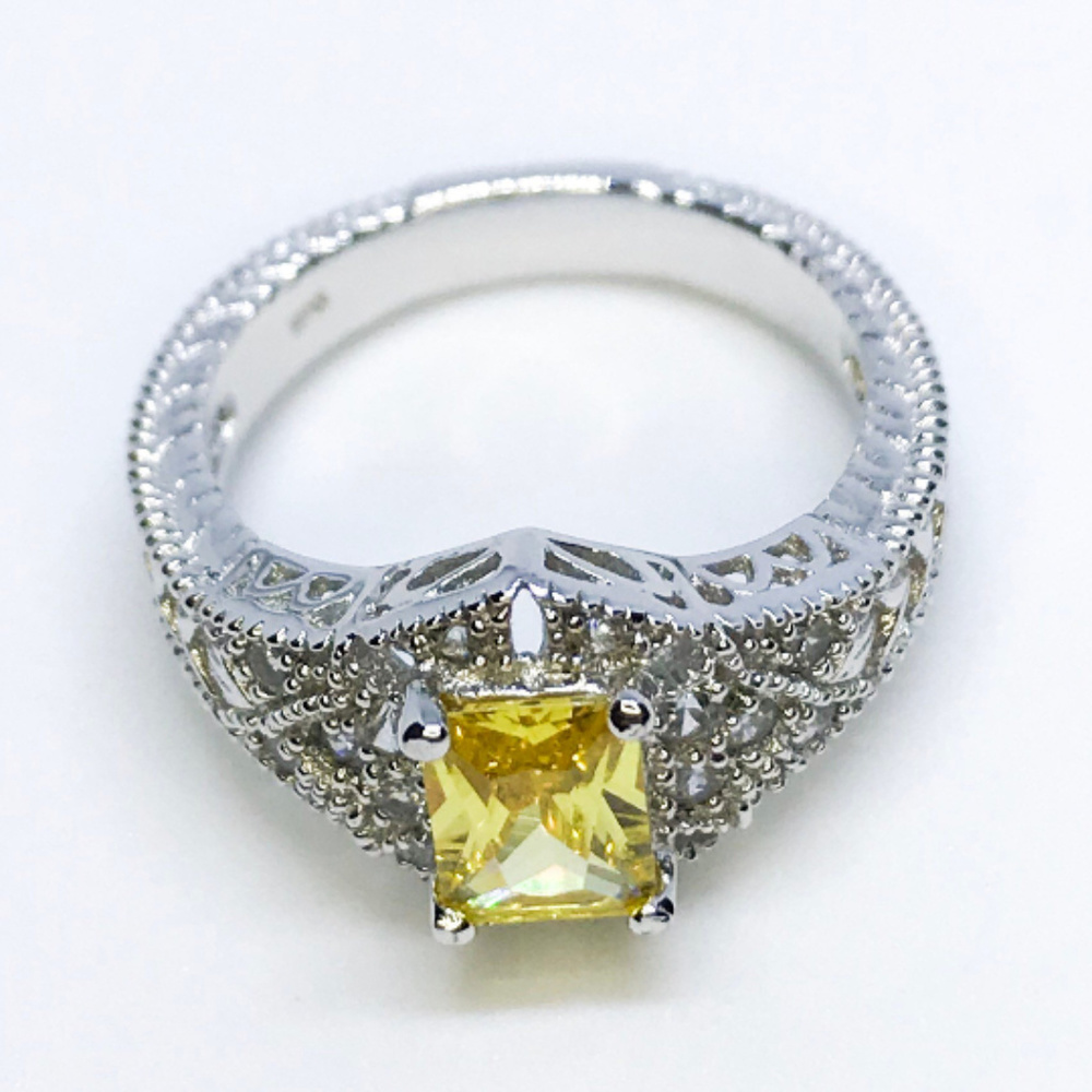 Sterling Silver Rectangle Yellow Stone Ring